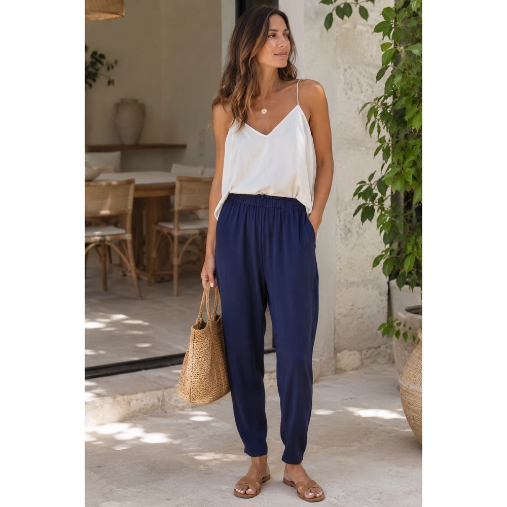 Eileen Fisher 100% Silk Pull-On Pants Navy Blue Tapered Minimalist Size M